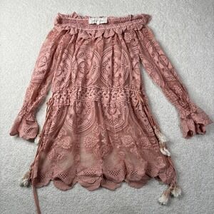 Jens Pirate Booty Dress‎ Women's Small Pink Lace Off Shoulder Mini Boho Tassel